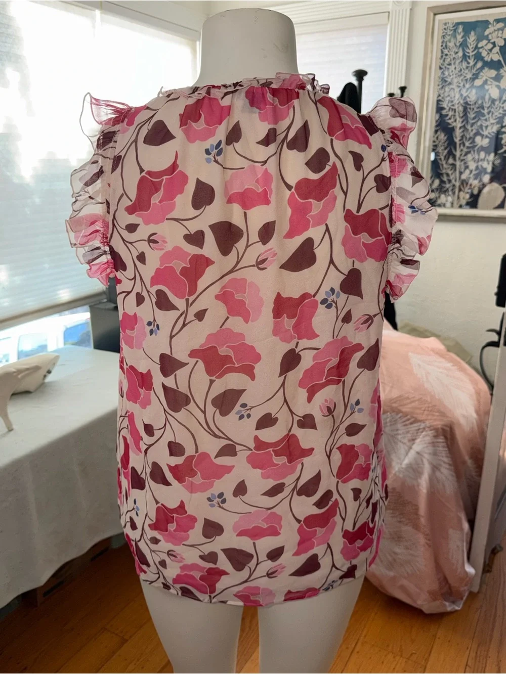 Kate Spade Floral Ruffle Cap-Sleeve Blouse - Pink size L